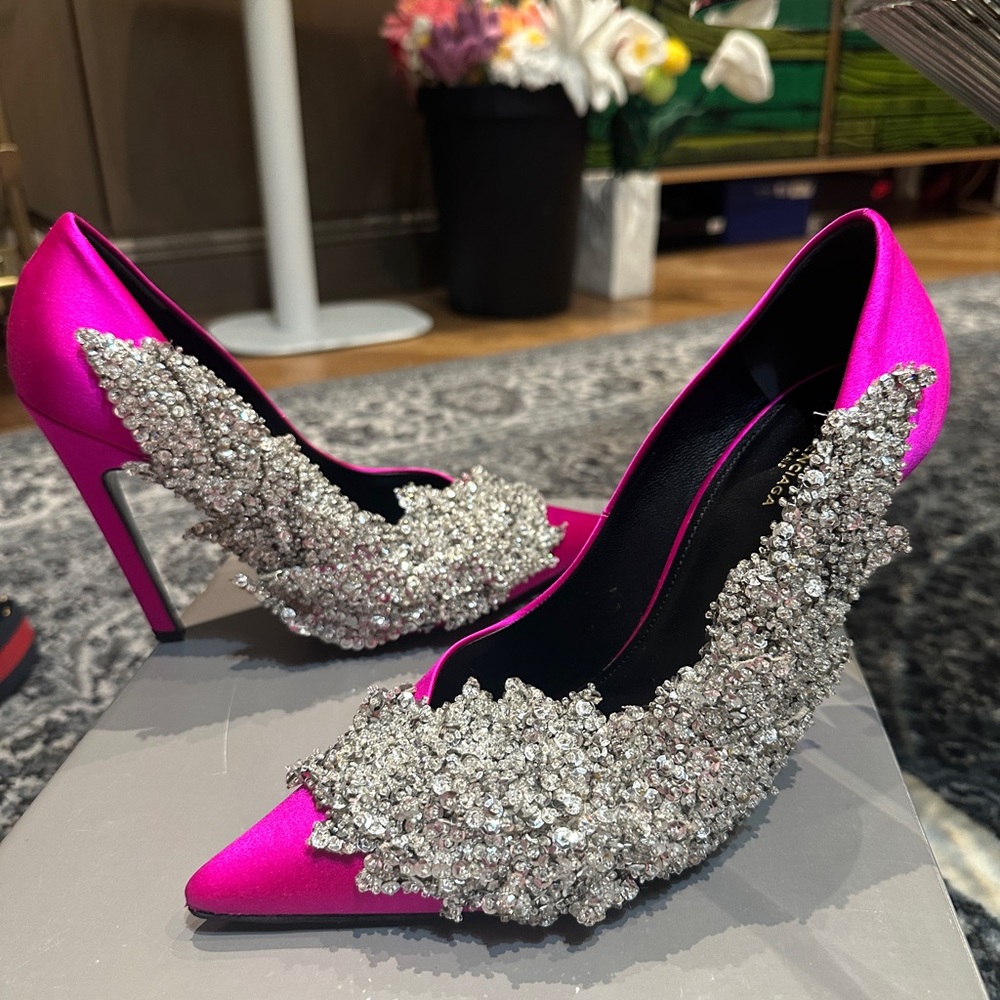 Balenciaga embroidered crystal satin heels.
